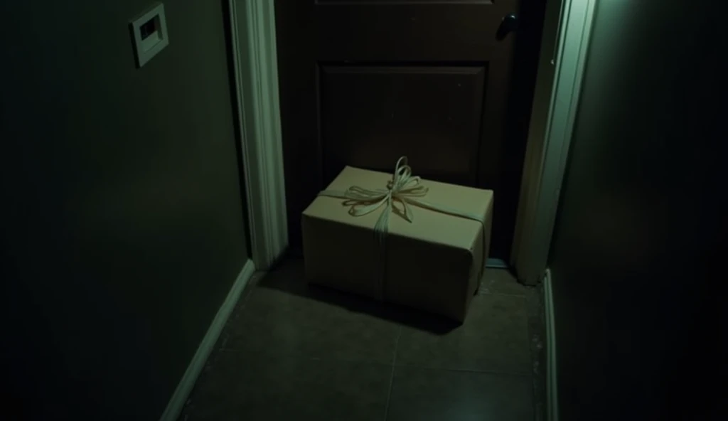 A medium-sized, unwrapped package blocking a closed front door of a single-person apartment building in the US at night. The scene is dimly lit with an eerie glow. A diagonal angle shot focusing on the package with a narrow depth of field. Create a spooky atmosphere. A mysterious, unadorned package left on a doorstep of a single-person apartment building in the US in the dark. The only light source is an ominous glow emanating from the package. The diagonal shot and shallow depth of field should create a sense of dread and anticipation. A forgotten package, left on a doorstep of a single-person apartment building in the US in the dead of night. The viewer should feel a sense of unease as they peer through a keyhole at the ominous object. The diagonal composition and shallow depth of field emphasize the isolation and mystery. A dark, narrow hallway of a single-person apartment building in the US. A single ray of light illuminates a medium-sized, plain package blocking a door. The diagonal composition and shallow depth of field create a sense of unease and isolation.