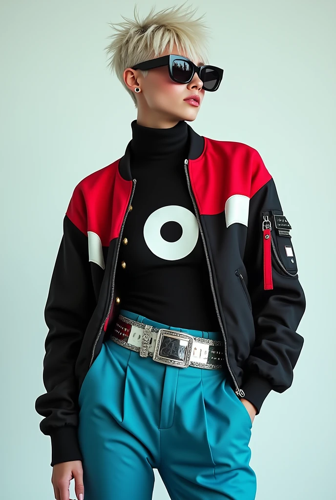 body hair: offwhite, curto e espetado, with a modern cut.
eyeballs: They are not visible due to sunglasses.
Skinned: Skin tone is not clearly defined, but it seems to be clear.
badass clothing:
jaket: predominantly black, with red and white details. It has a circular symbol in the center.
pants: cerulean.
waist belt: rot, wide and flashy.
Accessories: sunglasses.