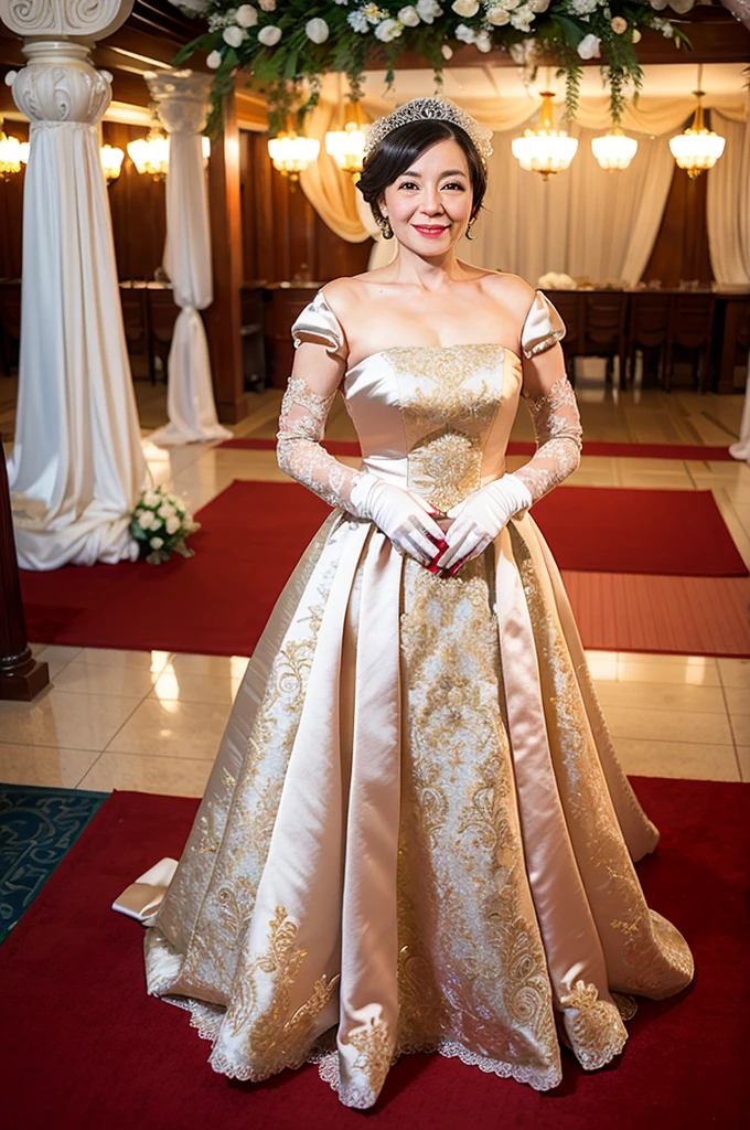 ((Masterpiece)), ((Best Quality)), A middle-aged short-hair woman, ((She is wearing an ornamental satin wedding dress)), She is wearing gloves on her hands., outdoor,