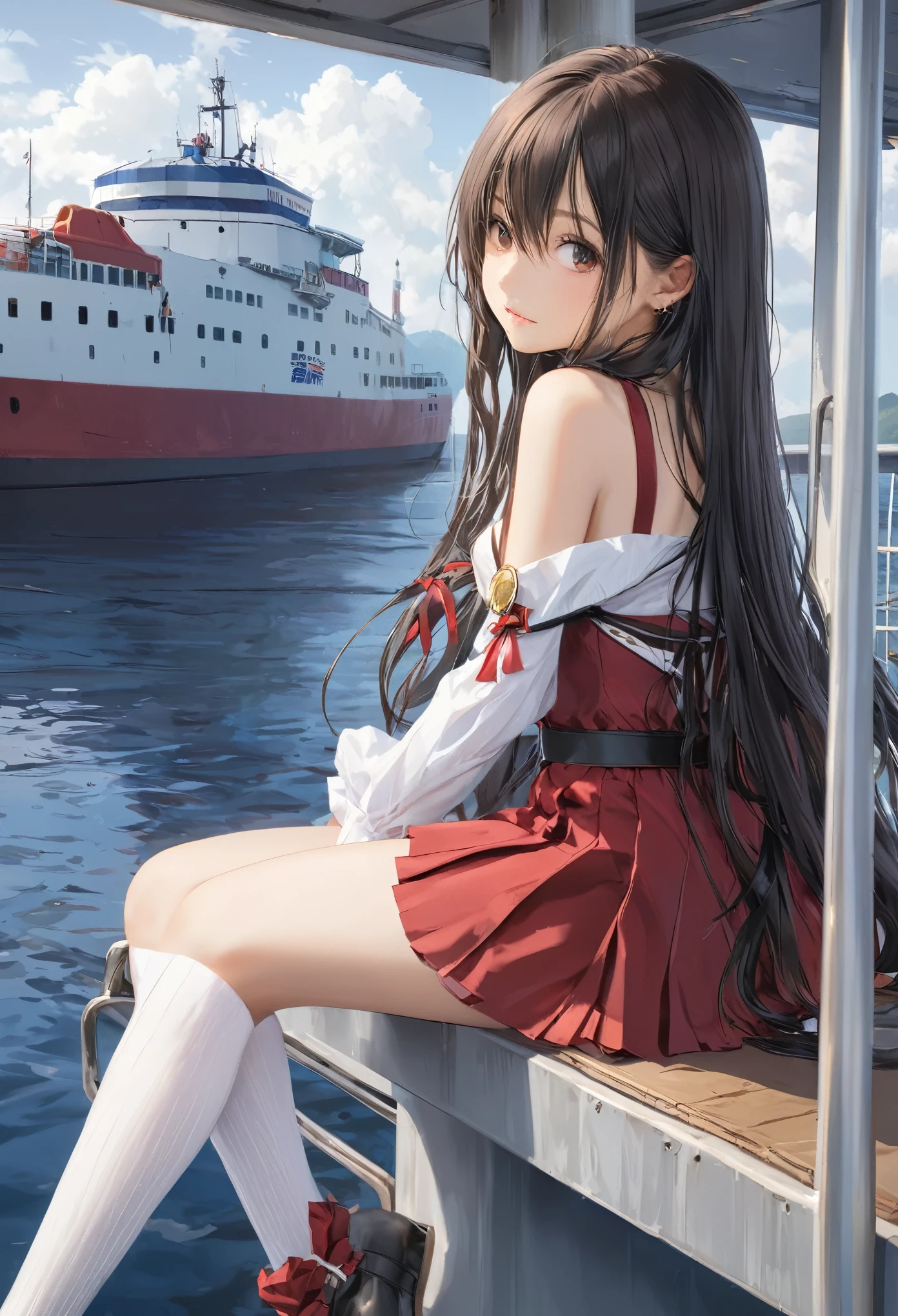 (masterpiece, Highest quality:1.2), one person's, alone,Bony body、5 years old、ferry, ((Long Hair)), ferryBase, ((Knee socks)), Exposing shoulders, ((jewelry)), ((No sleeve)), White Dress, Red Skirt, ((gloves)), Up to the thighs,