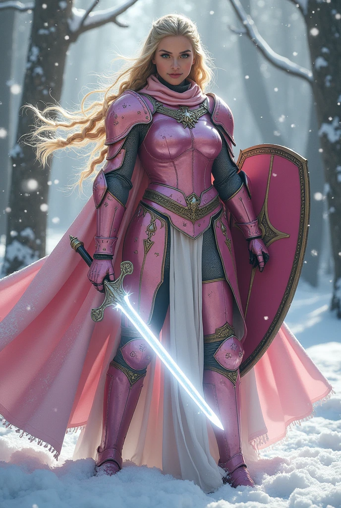 ((portrait, upper torso, armored female paladin, battle worn gloss pink lacquered perfectchainmail armor:0.4, alabaster cloak, (((((big tits, huge breasts, large chest, Barbie, cleavage))), [bright blonde hair:dark hair:0.8]))), clear green eyes, blackout eyeshadow, iron circlet), braids, glowing radiant white star engraved sword, shield, sparks, windy, outdoor frozen snow snowy forest, dynamic battle pose
