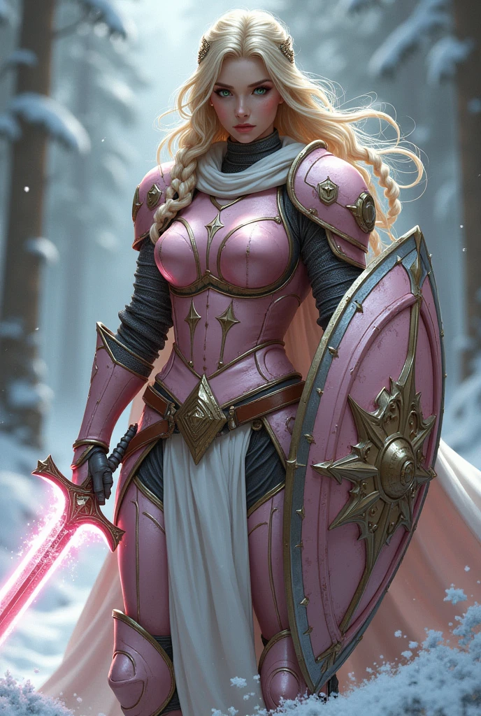 ((portrait, upper torso, armored female paladin, battle worn gloss pink lacquered perfectchainmail armor:0.4, alabaster cloak, (((((big tits, huge breasts, large chest, Barbie, cleavage))), [bright blonde hair:dark hair:0.8]))), clear green eyes, blackout eyeshadow, iron circlet), braids, glowing radiant white star engraved sword, shield, sparks, windy, outdoor frozen snow snowy forest, dynamic battle pose
