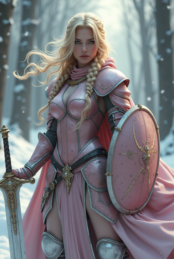 ((portrait, upper torso, armored female paladin, battle worn gloss pink lacquered perfectchainmail armor:0.4, alabaster cloak, (((((big tits, huge breasts, large chest, Barbie, cleavage))), [bright blonde hair:dark hair:0.8]))), clear green eyes, blackout eyeshadow, iron circlet), braids, glowing radiant white star engraved sword, shield, sparks, windy, outdoor frozen snow snowy forest, dynamic battle pose
