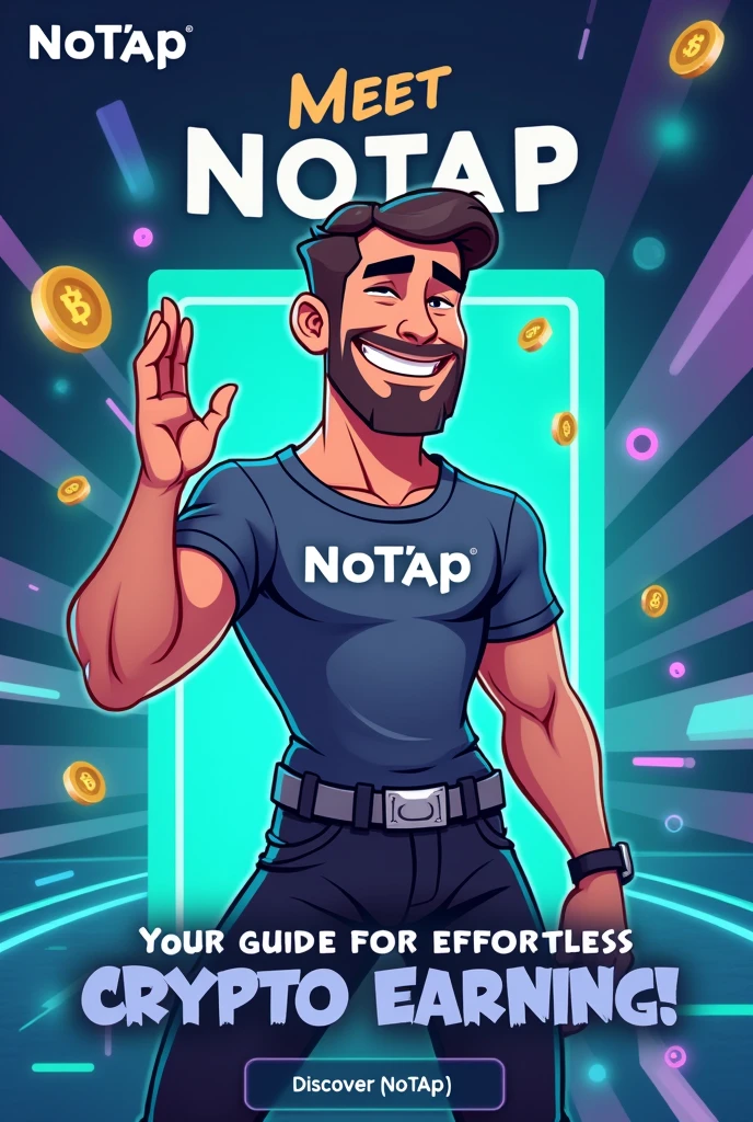 Prompt:
Generate a dynamic and engaging image featuring a cartoon-style character named "Mr. NoTap."
- Character: Mr. NoTap is a friendly, futuristic character dressed in a sleek, modern outfit with the NoTap logo prominently displayed on his t-shirt. He should have a confident, approachable expression, with one hand raised as if he's guiding or presenting something.
- Background: A vibrant, tech-inspired background with smooth gradients and digital elements. Include subtle motifs like blockchain symbols, tokens, and lines representing automation and efficiency. The color scheme should reflect the NoTap brand, with blues, greens, or purples.
- Text Overlay: Include bold, eye-catching text that says, "Meet Mr. NoTap – Your Guide to Effortless Crypto Earnings!" Below that, in smaller text, add "Instant Airdrops | Minimal Gas Fees | Maximum Rewards."
- Additional Elements: Small icons representing instant rewards, gas fees, and tokens, placed strategically around the image. Include a call-to-action button or sticker that says, "Join Now!" or "Discover NoTap!"