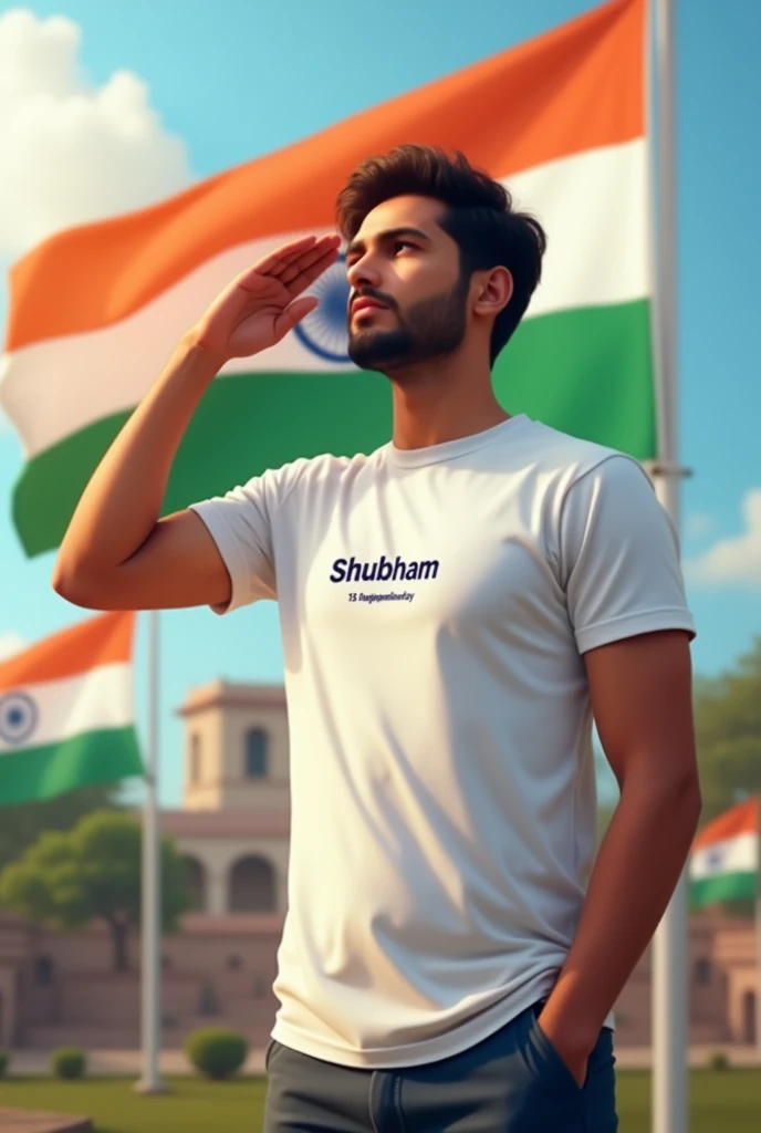 A man standing saluting a Indian flag wearing a white tshirt written Shubham name and 15 August independence day on it