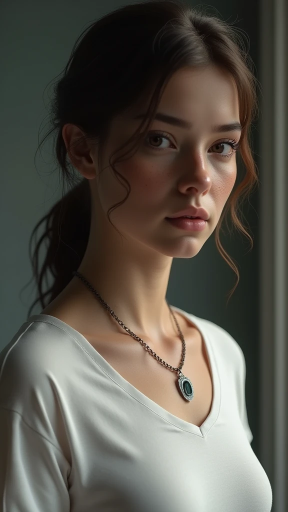 (head of&#39;artwork, Photorealistic:1.4, extremely complex:1.3, radiosity, photon maping, dtx, 8k), ((((necklace close up, t-shirt blanc, wetty, [mediuml breasts:tetas grandes:0.8])), wetty, [skin detail:freckled:0.7], naturel, 19 year old teenage model), Dark room, ((douche en pierre, douche en verre, to do the housework)))
