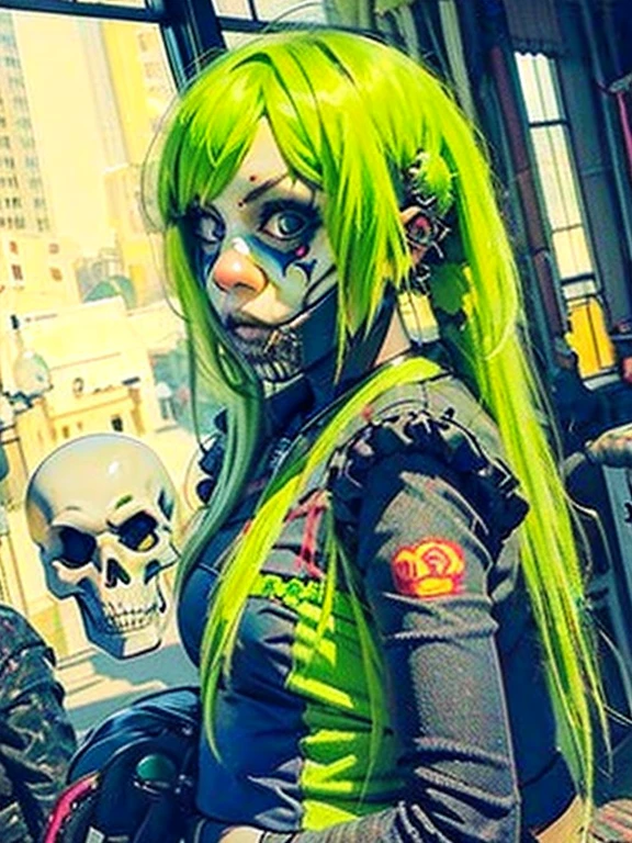 only_Woman by the window,Cyberpunk World,Neon green gas mask with a skeleton design
