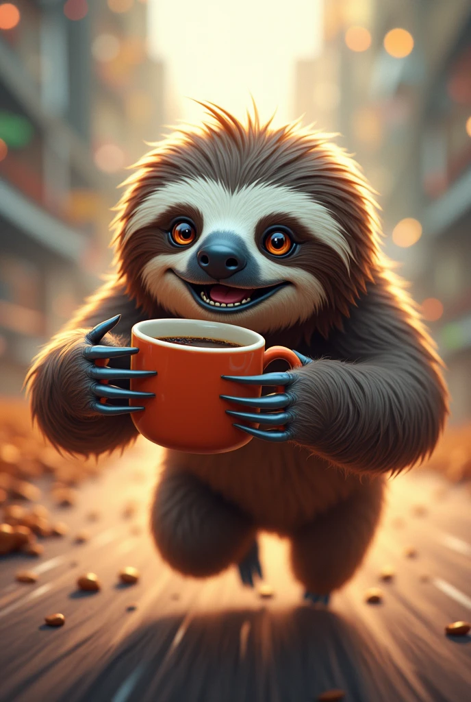 A Super fast sloth with coffee