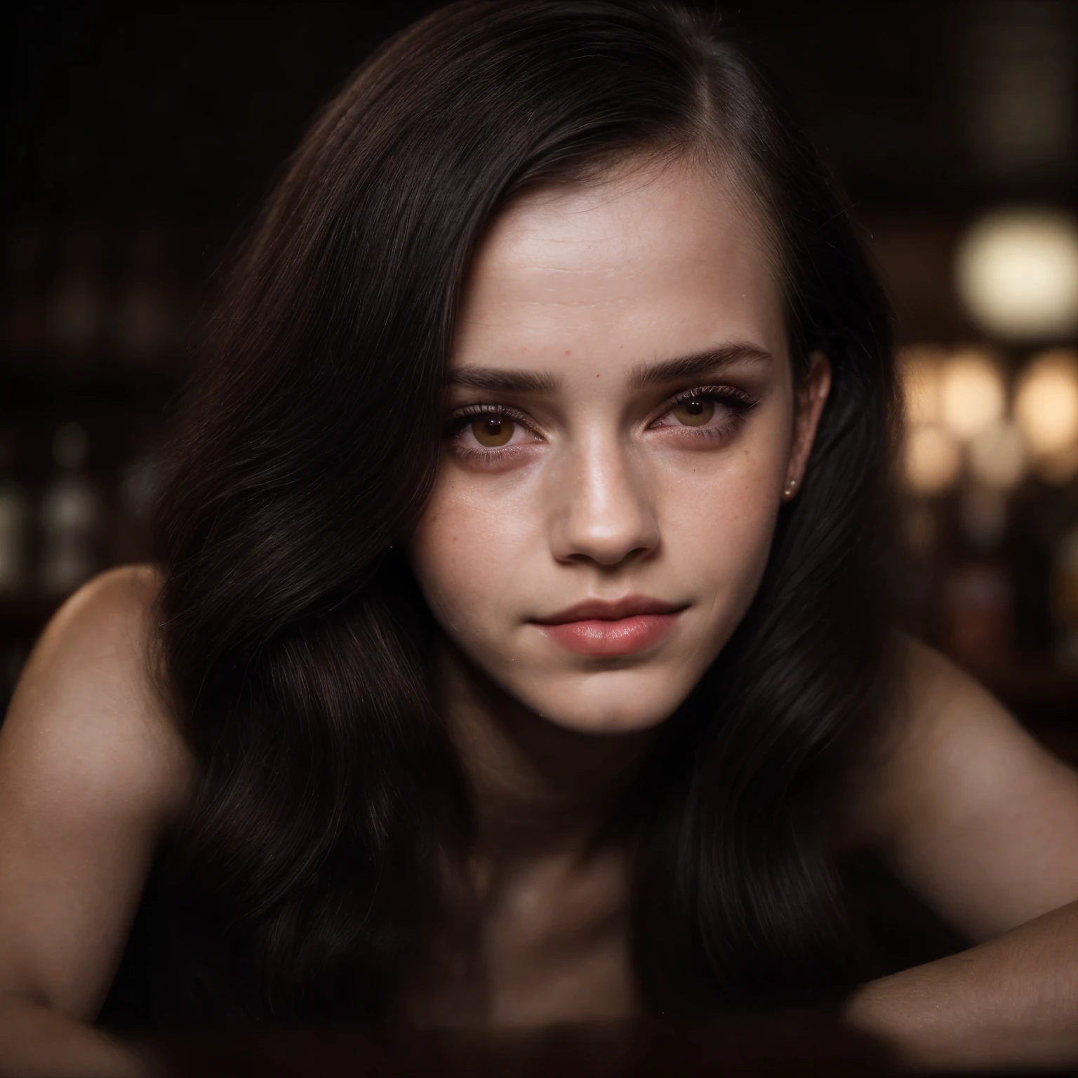 (1 woman, 26 years old, black hair, Mix out of 10% Emma Watson and 15% Scarlet Johansson and 20% Rihanna, 172cm height, 68kg weight, soft curly intense long red hair, clear green eyes, long dark black lashes, perfectly shaped dark black eyebrows, dark caramel tanned skin, slim and well-defined, elegant thin nose, small ears, full lips, white teeth, small soft ladylike hands, painted fingernails), (highly detailed face:1.4) (smile:0.7), (background inside dark, bar room:1.3), nikon d850, film stock photograph ,4 kodak portra 400 ,camera f1.6 lens ,rich colors ,hyper realistic ,lifelike texture, dramatic lighting , cinestill 800,