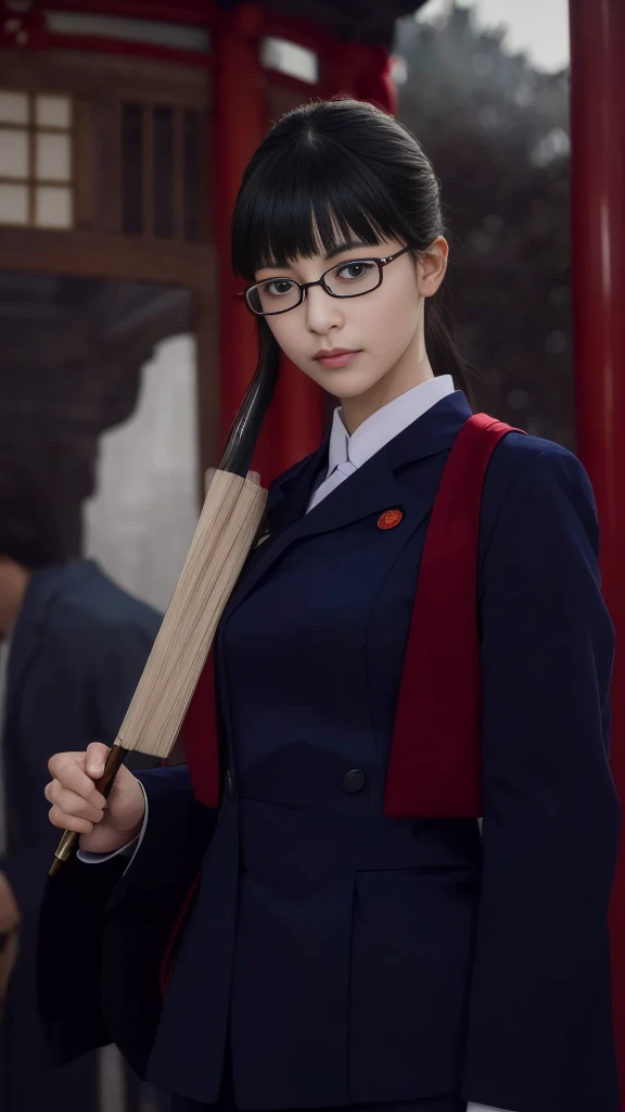 RAW shooting:1.2)、(Realistic:1.4)、(masterpiece:1.3)、(Highest quality:1.4)、Beautiful Japanese Women、7 Head to Body、Beautiful eyes in every detail,Maki,jujutsu,roundabout,Temple,Red Rim Glasses,uniform