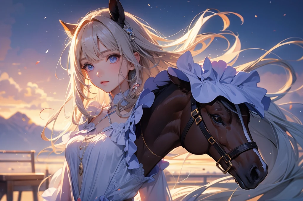 One beautiful girl、Horse's ears、Dark color anime、Gummy Smile、Hands behind your head、Prone、Beautiful breasts、At dusk、super high quality、Maximum resolution、Best assembly、Correct body structure、High angle、From the knee up、Face Detail
