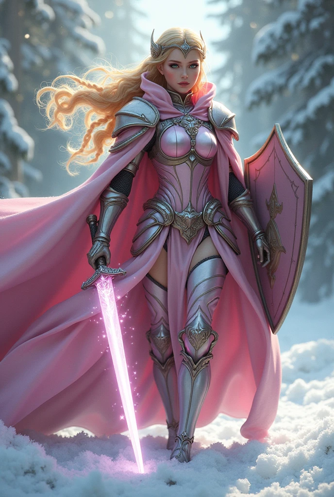 ((portrait, upper torso, armored female paladin, battle worn gloss pink lacquered perfectchainmail armor:0.4, alabaster cloak, (((((big tits, huge breasts, large chest, Barbie, topless))), [bright blonde hair:dark hair:0.8]))), clear green eyes, blackout eyeshadow, iron circlet), braids, glowing radiant white star engraved sword, shield, sparks, windy, outdoor frozen snow snowy forest, dynamic battle pose