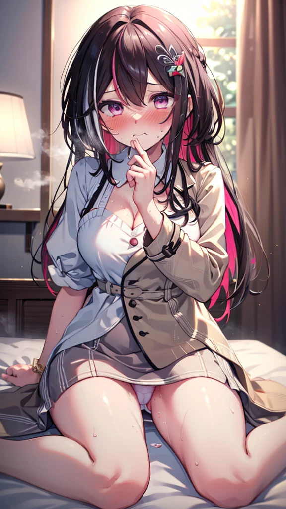 (Highest quality:1.2), (Super detailed:1.2),(masterpiece:1.2),(8k:1.2),(Blessed,Captivating body、Extremely elaborate hands、Very fine eye、Super detailedな肌、Highly detailed face,Detailed Background),one person's、large breasts,
night,dark bedroom,sitting on bed,barefoot, Good, breasts, cleavage, navel, no pants, panties, thighs, underwear, wariza,
(embarrassed, nose blush:1.3)
,(vulgarity:1.1),(fucked silly:1.1),(steam:1.1),(Wet:0.7),(trembling:1.3),(tears:0.8) ,(drooling:0.7),(sweat:1.1),after sex,(heart:1.2),
,(messy hair:1.2),used condom,used tissue, tissue box, azki_(hololive), 1girl, 独奏, multicolored hair, pink hair, purple eyes, black hair, dress, hair between eyes, white dress, brown dress, brown jacket, jewelry, long sleeves, x hair ornament, bangs, Goodcelet, very long hair, streaked hair, hairclip, large breasts