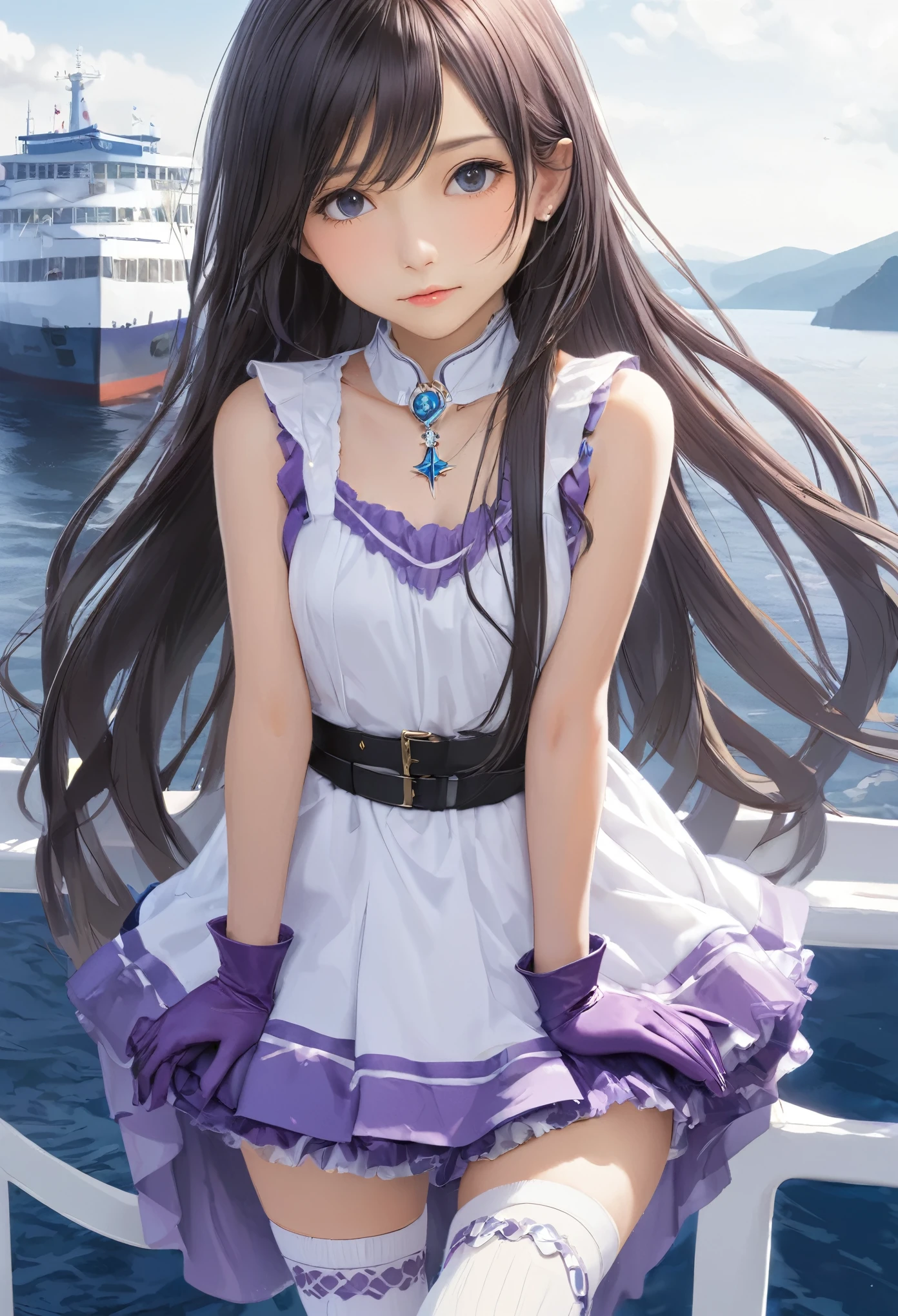 (masterpiece, Highest quality:1.2), one person&#39;s, alone,Bony body、5 years old、ferry, ((Long Hair)), ferryBase, ((Knee socks)), Exposing shoulders, ((jewelry)), ((No sleeve)), White Dress, Purple Skirt, ((gloves)), Up to the thighs, 
