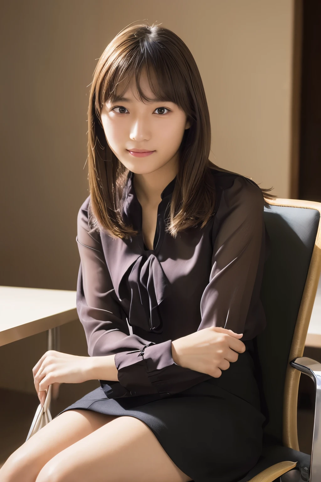 ((software: 1.4)), ((software, (Chair) , (Sitting) , (v Arms) , blouse, 1 person)), Ultra-high resolution, (Realistic: 1.4), RAW Photos, Highest quality, (PhotoRealistic Stick), concentrated, Soft Light, (()), ((Japanese)), (( (Young Face))), (surface), (Depth of written boundary), masterpiece, (Realistic), woman, bangs, ((1 person))