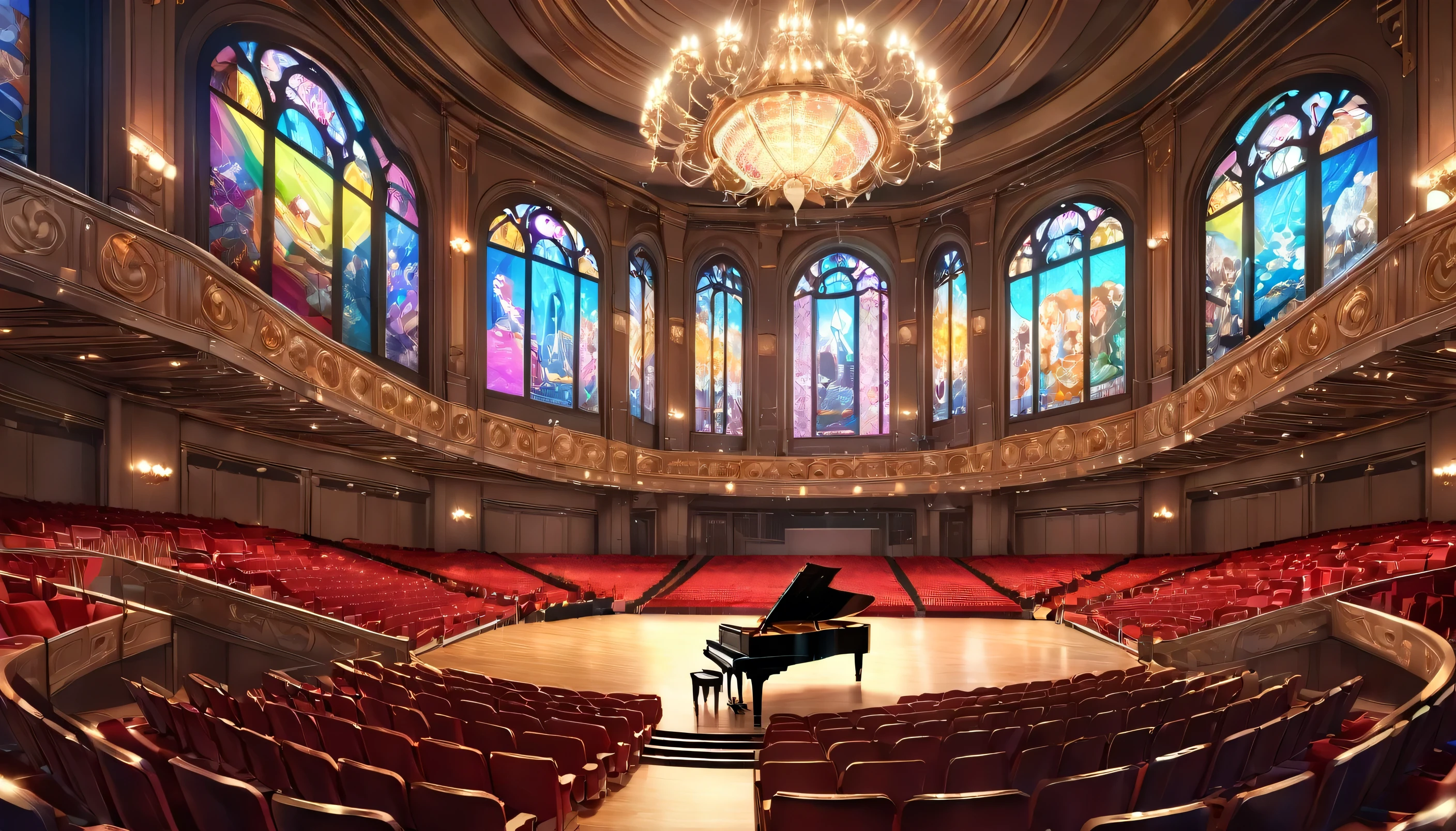 A small and stylish concert hall, anime, (best quality,4k,8k,highres,masterpiece:1.2),ultra-detailed,(realistic,photorealistic,photo-realistic:1.37),HDR,UHD,studio lighting,ultra-fine painting,sharp focus,physically-based rendering,extreme detail description,professional,vivid colors,bokeh,elegant architecture,stained glass windows,ornate decor,chandelier,spotlights,red velvet seats,grand piano,audience members,anime style,cinematic lighting,warm color palette