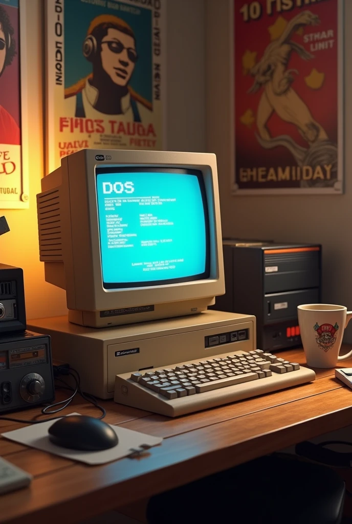 Prompt: "A nostalgic scene of a 1980s personal computer setup, featuring a beige CRT monitor displaying a DOS prompt, a mechanical keyboard, and a floppy disk drive. The desk is cluttered with floppy disks, a wired mouse, and a coffee mug with retro design. The room has posters of 80s tech and music icons, with a cozy, warm lighting that captures the era's atmosphere."