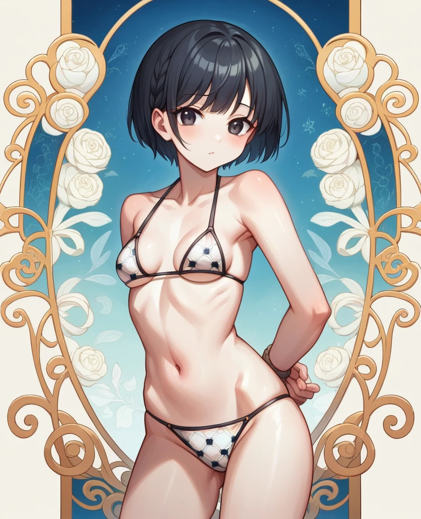 ultra realistic 8k cg, masterpiece, ((ultra detailed background, delicate pattern, intricate detail)), Masterpiece, best quality ,Anime girl , black hair , black eye , White skin ,very small bikini suit, stand on the yatch , zoom out ,see the whole body, hand tied behind back , good weather , Blue sky , sexy , cute