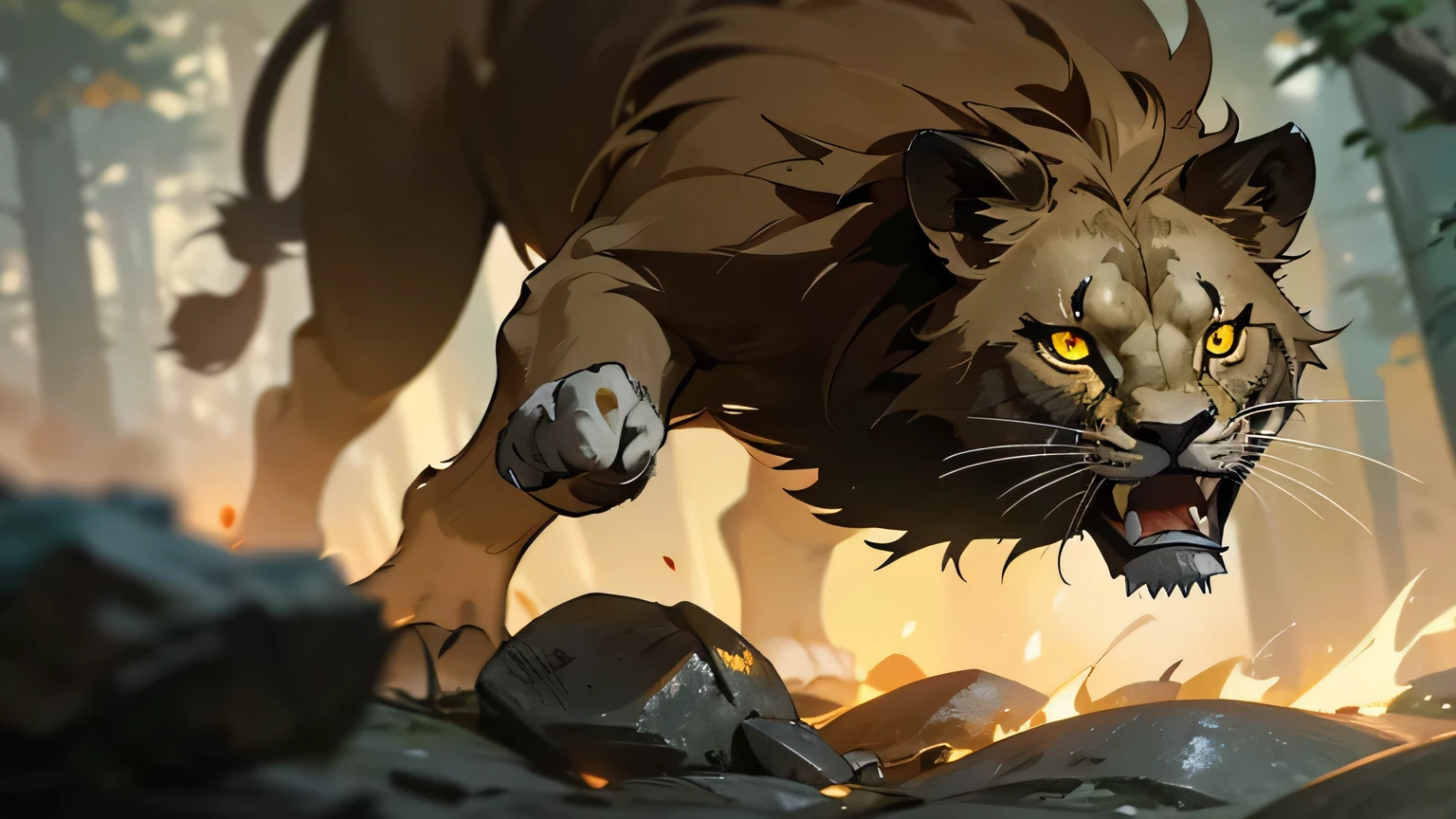 Motion scene, lion in forest, hit by rock, moaning in pain, glowing yellow eyes, shiny eyes, sharp fangs, dim lighting, hyper realistic, cinematic lighting, intricate details, 8k, high quality, photorealistic, dramatic, powerful, majestic