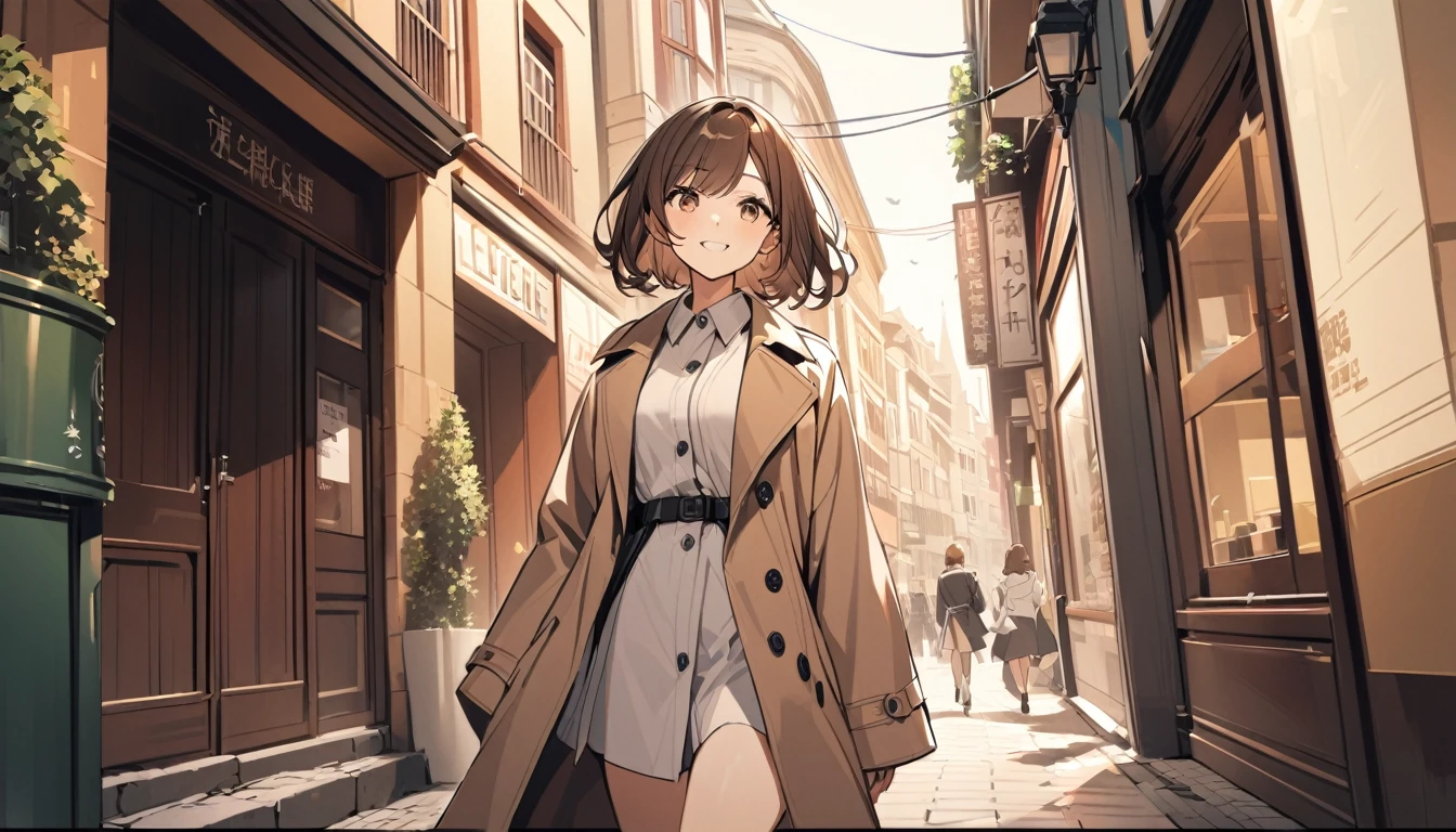 A girl with brown hair and a wavy bob wearing a trench coat. Walking around the city with a smile on her face. building. cute.