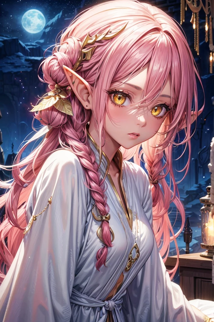 (beautiful elf style), (black skin) (pov, love style, solo:2, 1000 yo), (beautiful detailed dreadlocks:1.4) (beautiful pink hair long hair sexy elf woman) (beautiful sexy yellow eyes) ((troubled face)) (glossy lip), (small tits), (in a detailed night robe), break, in the enchanted laboratory, background night sky, BREAK, 16k, masterpiece, best quality, immensely detailed beautiful night.