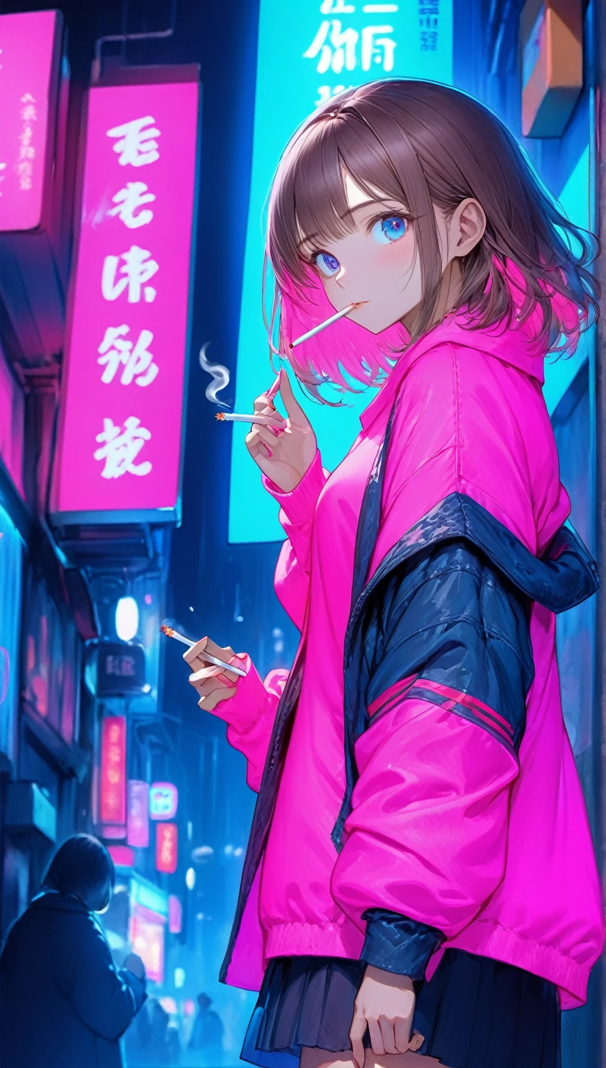 ((Highest quality,8k,32K,masterpiece,Ultra-high resolution :1.2 ),born,One person,Super cute,Natural light,Clear, shining eyes,20-year-old,Fair skin,Fantastic night city electronic world fantasy background,Brown Hair,Mature woman,Smoking a cigarette,liquor,bar,Shortcuts, Neon signboard, Fluorescent pink and fluorescent blue background