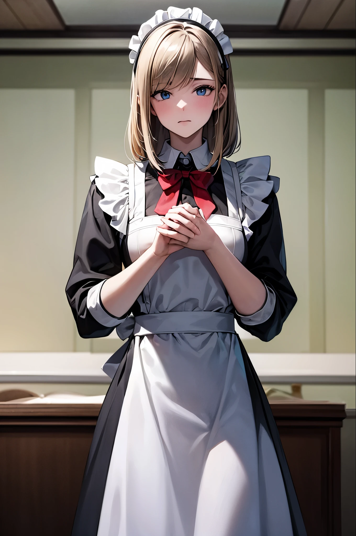 Highest quality, masterpiece,  Franziska vkarma, alone, One person,,Embarrassing, maid headdress, maid apron, maid, In-person audience, Irritation,
