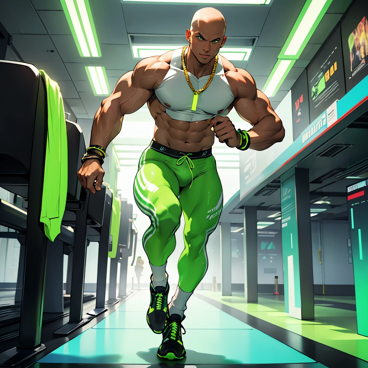full view, full body, one Sexy young artificially tanned white bald over-musuclar man, shirtless wearing neon-green compression leggings and white futuristic running socks, shoes off, no shoes, gold chains, bracelets, rings, arrogantly running in his white futuristic socks on treadmill in gym, showing off his white socks