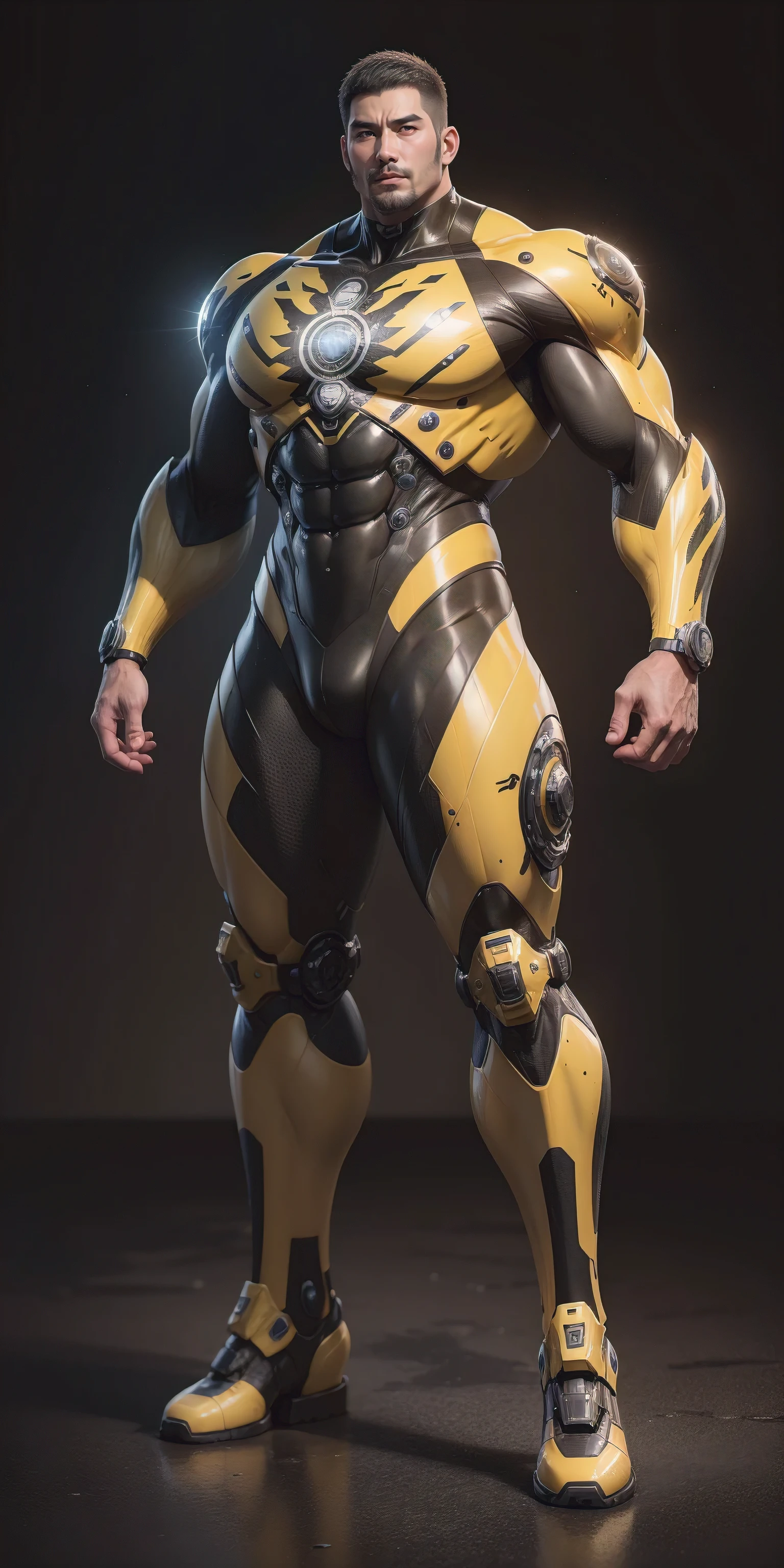 Tall giant muscular police officer，Very long legs，Yellow and black camouflage patterned nano mecha，Honeycomb pattern，Lightweight texture，Character Concept（Resident Evil - Chris Redfield，Chris Redfield）senior police officer，Small grid texture，Regular symmetrical texture pattern，Sad expression，Deep and charming eyes，Standing in a bright mechanical laboratory，Emerald Eyes Hero，Heroic male pose，Tall burly，muscular！Attractive leg muscles，High target, Burly, Heqiang，  Super Buff and Coolness， High Resolution Committee， Bigfoot yellow-gray ultra-thin nano-mechanical boots，Charismatic strongman，The bright sunshine shines on you，Matte particles，Shiny texture