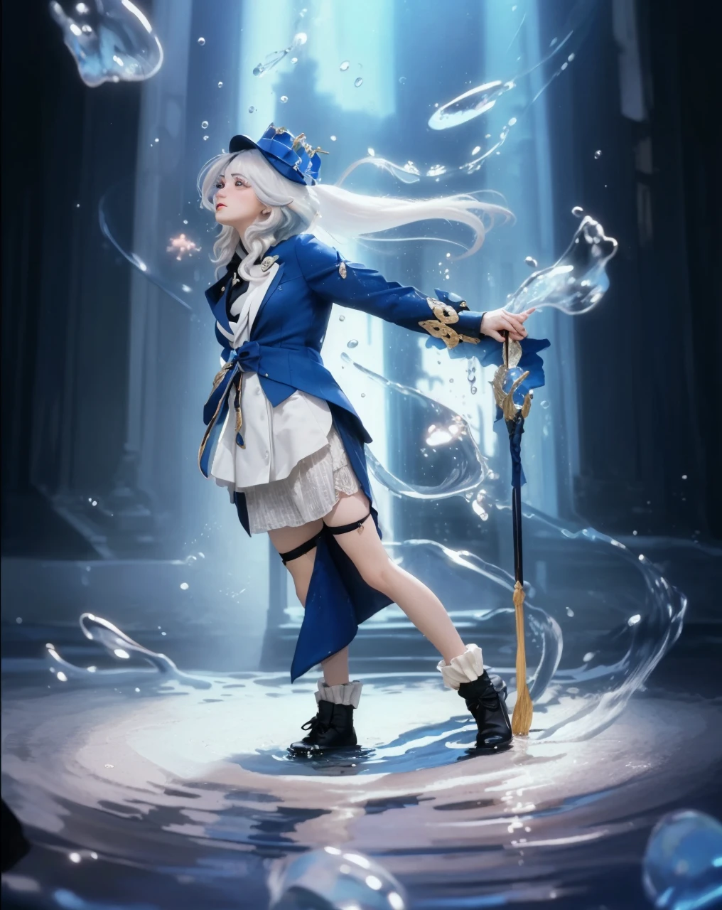 ( FURINA_GENSHIN IMPACT),((realistic, photorealistic)),(highlight hair)), Light reflection, (( HD )),((upper body)), (((best quality, masterpiece))), (masterpiece) (best quality) (detail) (8k) (HDR) (wallpaper) (cinematic lighting) (sharp focuasterpiece, best quality: 1.1), Real life adaption of this character, realistic outfit, realistic shadow, realistic light, realism, hyper realistic, realistic background,realistic hair,(photorealistic:1.2), (masterpiece: 1.2), (best quality: 1.3), (clear details: 1.3), ((((ultra-detailed)))), ((detailed eyes)), (extremely detailed face:1.4), (highly detailed eyelash:1.6), Ada_re4, (sitting),(beautiful face:1.5), (Masterpiece, Top Quality: 1.2), masterpiece, best quality, highrens, 4k resolution, minimalism, 1 girl,solo, , Furina, blue style, nature, cute eyes, ornament hair, white hair, blue dress, hat, blushing, hands up, Water reflection, spotlight, water element stick, floating water, splash water, Long white hair floating, glow effect,Head position looking up,
