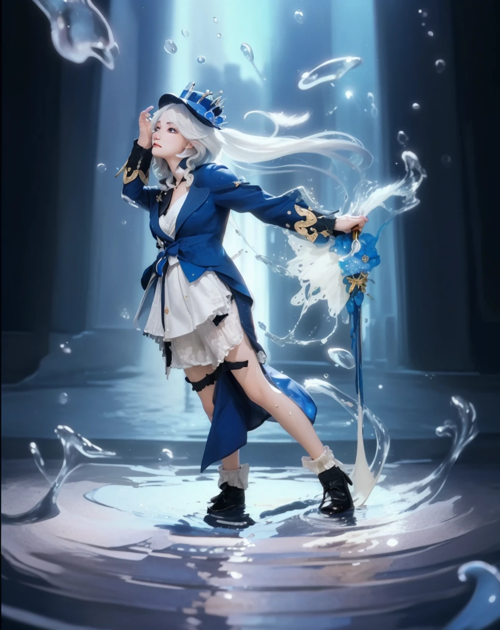 ( FURINA_GENSHIN IMPACT),((realistic, photorealistic)),(highlight hair)), Light reflection, (( HD )),((upper body)), (((best quality, masterpiece))), (masterpiece) (best quality) (detail) (8k) (HDR) (wallpaper) (cinematic lighting) (sharp focuasterpiece, best quality: 1.1), Real life adaption of this character, realistic outfit, realistic shadow, realistic light, realism, hyper realistic, realistic background,realistic hair,(photorealistic:1.2), (masterpiece: 1.2), (best quality: 1.3), (clear details: 1.3), ((((ultra-detailed)))), ((detailed eyes)), (extremely detailed face:1.4), (highly detailed eyelash:1.6), Ada_re4, (sitting),(beautiful face:1.5), (Masterpiece, Top Quality: 1.2), masterpiece, best quality, highrens, 4k resolution, minimalism, 1 girl,solo, , Furina, blue style, nature, cute eyes, ornament hair, white hair, blue dress, hat, blushing, hands up, Water reflection, spotlight, water element stick, floating water, splash water, Long white hair floating, glow effect,Head position looking up,