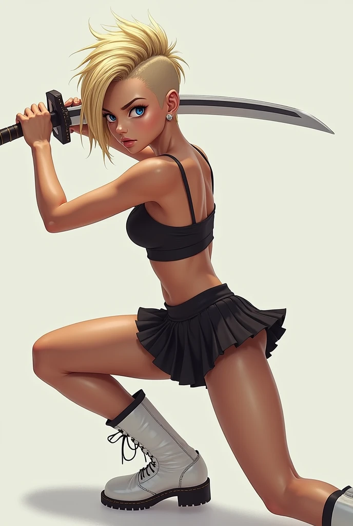 masterpiece, Best Quality, super Realistic, High Detail Face, Clean and delicate face, whole body, Crouch and swing a long sword with one hand, grip the sword anatomically correctly, A tanned 19 year old girl, blue eyes, short mohawk blonde hair, parted bangs, forehead, wearing a camisole and pleated mini skirt, white high cut underwear, Sleeveless, black pantyhose, white short boots, glaring at the viewer, simple color background