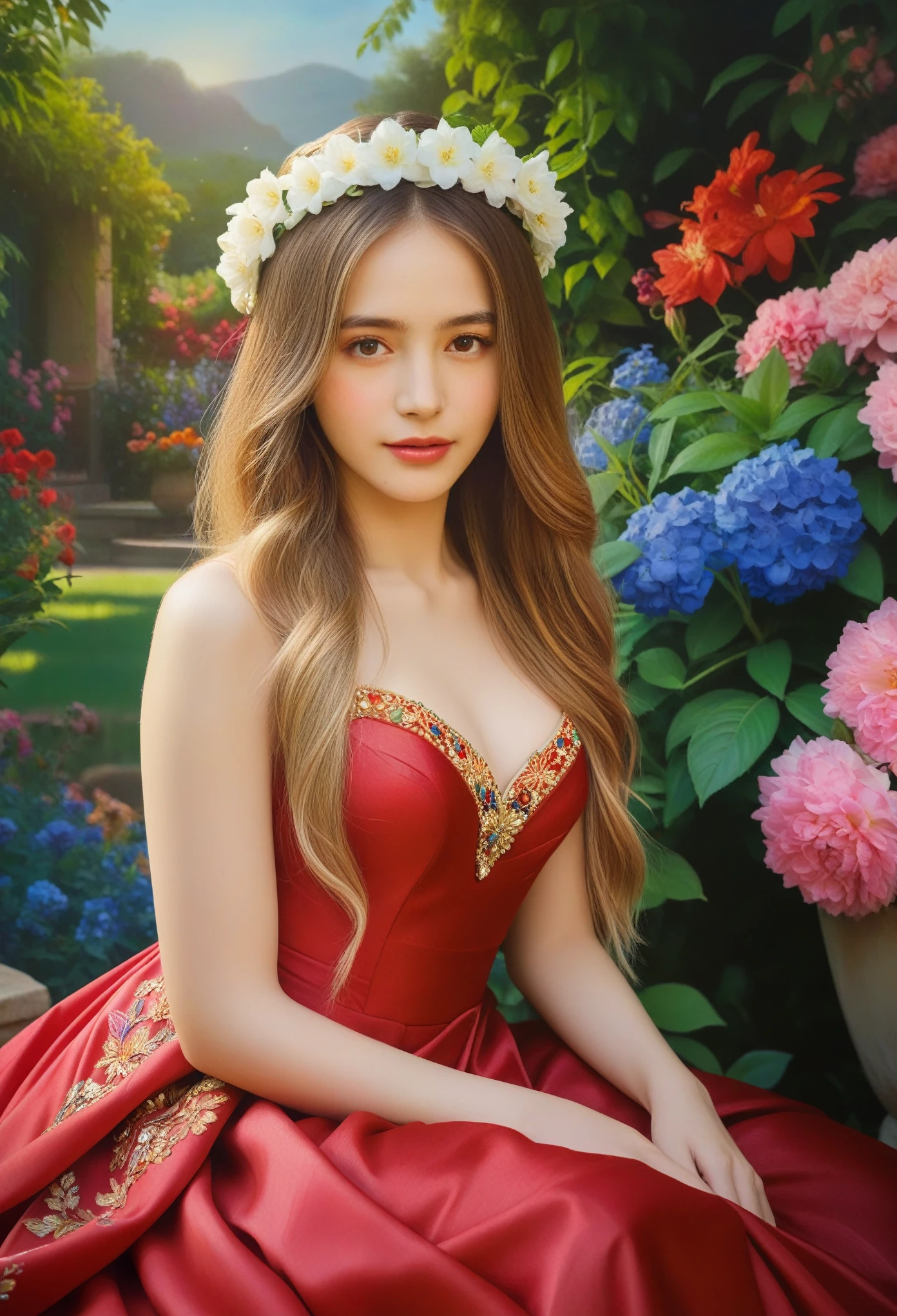 (Best Quality, 4K, 8K, High Definition, Masterpiece:1.2), (Ultra Detailed, Realistic, Photorealistic:1.37), a beautiful young woman with delicate facial features,flower crown,long elegant hair,ornate jeweled headpiece,red silk dress,sitting in a lush garden,surrounded by colorful flowers,intricate background details,cinematic lighting,delicate brushstrokes,oil painting,highly detailed,dramatic,romantic,soft color palette,dreamlike atmosphere