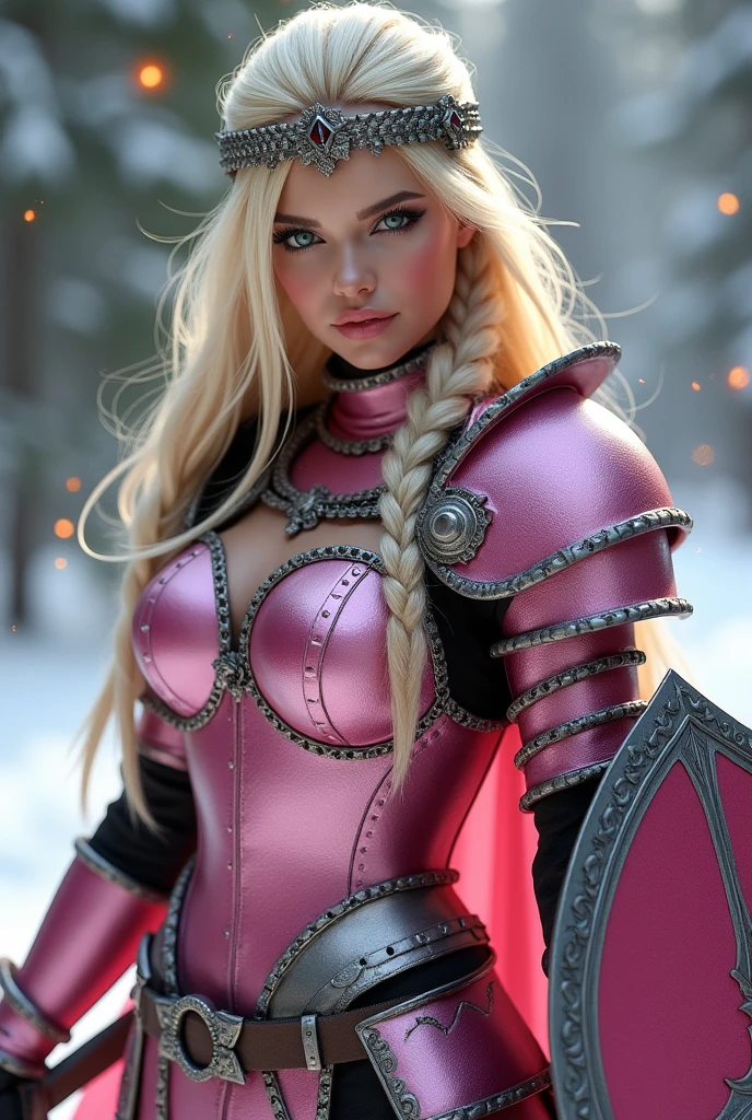 ((portrait, upper torso, armored female paladin, battle worn gloss pink lacquered perfectchainmail armor:0.4, alabaster cloak, (((((big tits, huge breasts, large chest, Barbie, topless))), [bright blonde hair:dark hair:0.8]))), clear green eyes, blackout eyeshadow, iron circlet), braids, glowing radiant white star engraved sword, shield, sparks, windy, outdoor frozen snow snowy forest, dynamic battle pose
