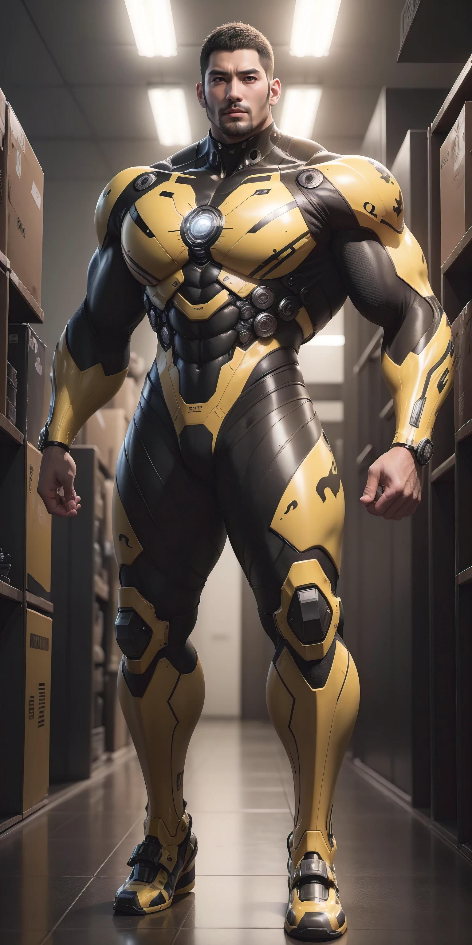Tall giant muscular police officer,Buzz Cut,Very long legs,Yellow and black camouflage patterned nano mecha,Honeycomb pattern,Lightweight texture,Character Concept(Resident Evil - Chris Redfield,Chris Redfield)senior police officer,Small grid texture,Regular symmetrical texture pattern,Sad expression,Deep and charming eyes,Standing in a bright mechanical laboratory,Emerald Eyes Hero,Heroic male pose,Tall burly,muscular!Attractive leg muscles,High target, Burly, Heqiang, Super Buff and Coolness, High Resolution Committee, Bigfoot yellow-gray ultra-thin nano-mechanical boots,Charismatic strongman,The bright sunshine shines on you,Matte particles,Shiny texture