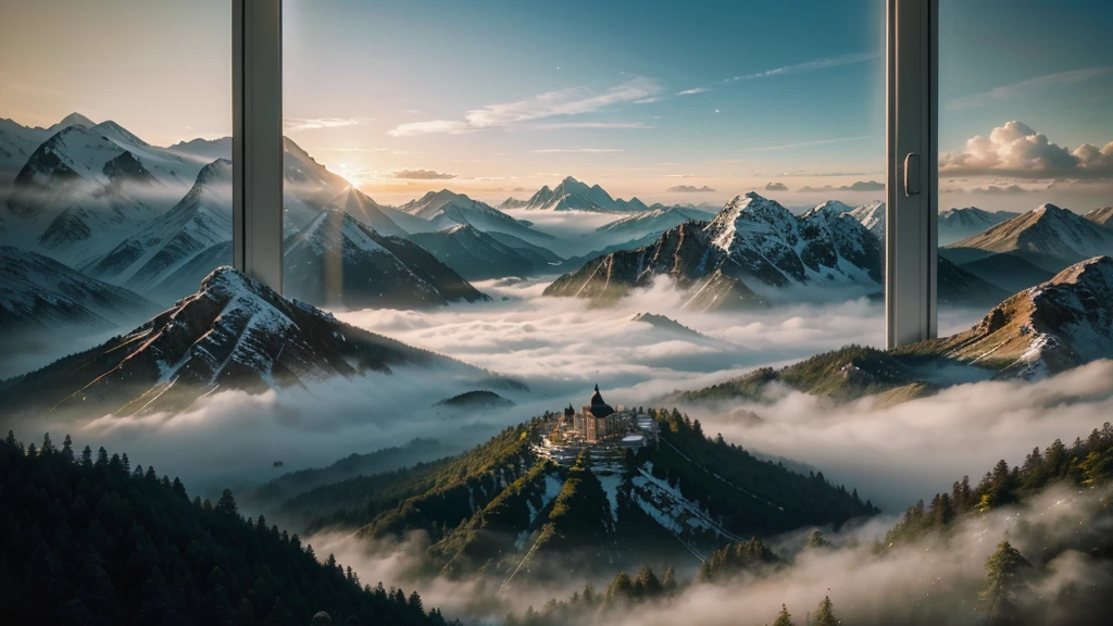 In the center of the illustration is a heavenly city made of white wood with amazing architecture and symmetrical forms, Photorealistic drone photo of a mountain slope. Morning over the unseen city of white wood, morning over the magical and mystical city in the sky, cozy heavenly city of white wood, cozy place in the morning, The silhouettes of plants and the contours of the landscape became increasingly clear in the light of the rising sun, The air on this unfamiliar planet was saturated with aromas, never before encountered by the human sense of smell, The thick and sweet scent of flowers, mixed with spicy notes of unknown plants.. Wei is next to him, A light fog swirled, creating an atmosphere of mystical wonder and absolute silence, the windows of houses and buildings sparkle with a bright yellow light, Kodak ektar film, 35mm photography, professional lighting, deep aesthetic, microscopic details, contemporary art, dreamlike surrealism, The scene is epic and mysterious, reminiscent of the X-Files, dreamy, ethereal, ultra-detailed, Strong contrast, Good depth of field, 8K wallpaper, Masterpiece, Aesthetic illustration in realistic style, Dark Clouds almost completely covered the sky, the air is very humid, urgently outside, In the background, huge, incomprehensibl