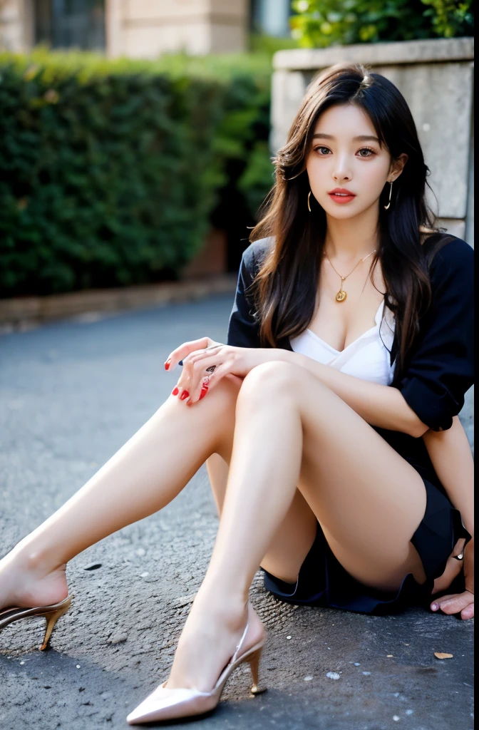 (masterpiece:1.3), (8 thousand, realistic, RAW photos, best quality: 1.4), (1 woman),(sheer silk blouse), (((short skirt))), (((양쪽 다리와 양발에 짙은색 realistic 불투명한 커피색 panty hose 신고 : 1.3))), (((Small paws))), (Stockings on both legs), (((Beautiful, small feet wearing stockings and high heels.))), (((full body shot))), (outdoors in sunny weather), (((Model-like posture))), (Beautiful makeover), (((very slim and beautiful body))) , (((Realistic and very beautiful face))), (long eyelashes), (double eyelid), (((Very beautiful eyes, realistic and delicate))), (((High nose))), (((small nostrils))), (((beautiful mouth))), (((seductive lips))), (((big bust) )), (Strong body through exercise), (beautiful abs), (Beautiful heaps), (((tall))), (realistic face), (((black hair, parted, long hair:1.3))), (아름다운 parted스타일), (realistic and beautiful skin), (absurd), (attractive), (ultra high resolution), (extremely realistic), (very detailed), (golden ratio), (((Two long, realistic and beautiful legs))), (realistic 팔), (necklace), (earring),(beautiful nails manicure), (((So beautiful and sexy))), (((perfect secretary look)))