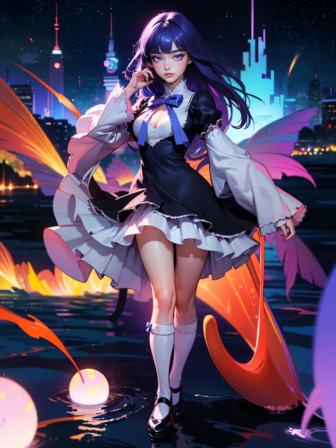 (1 lady), (Best quality at best:1.4), (ultra - detailed), (extremely detailed CG unified 16k), A Beautiful Woman with Perfect Figure: 1.4, Sharp Focus: 1.2, purple hair, very detailed, High-definition RAW color photo, professional photoshooting, amazing face and eyes, cosmetics, (amazingly beautiful girl), ((frederica bernkastel)), NOT Dasha Taran, ((exact clothes: dress, bowtie, mary janes, socks, cat tail, tail bow, tail ornament)), levitating in a cute posture, (floating in space), (She's levitating in a cosmic sea, outer space:1.3, quantum hyperspace room lacking walls, hyperspace chamber, extremely detailed background, a lot of details background, realistic background), (look from down), realistic cinematic face, head to feet long wide zoomed out view, full body long view, photorealistic, ((realistic natural purple hair style, purple eyes)), gorgeous, extremely beautiful face, perfect model beauty, pout mouth, Highly Detailed Face and Skin Texture, Detailed Eyes, Double Eyelids, Big Breasts, Expressionless, (masterpiece), best quality, high resolution, extremely detailed, cinematic lighting, amazing legs, high heels, clear and well-cared skin, pale skin