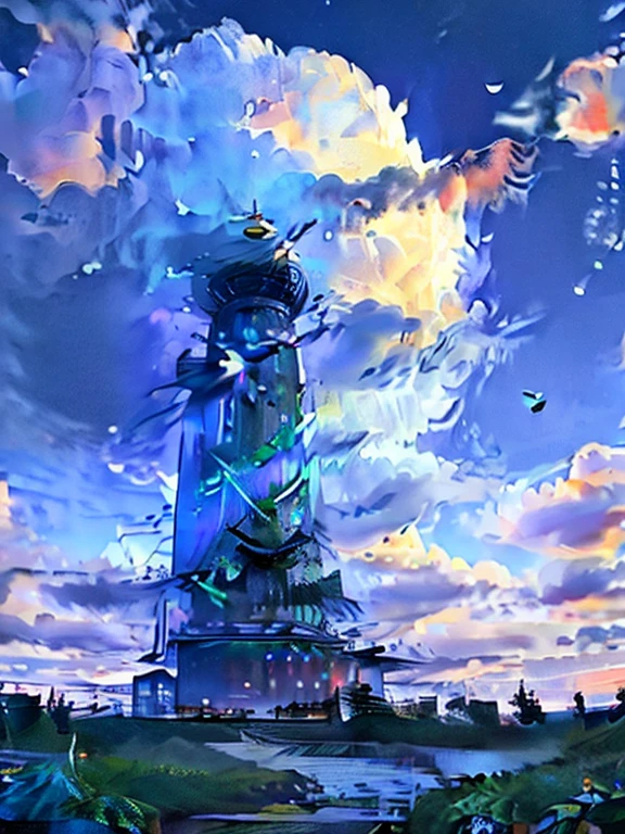 obra de artistry, 最high qualiy, high qualiy,very detailled CG unity 8k wallpaper, Enchanting and dreamy fantasy forest setting, garden of seven colors, Fairy Valley with a River Flowing Through It, Mysterious and fascinating, Blue sky of heaven, White dove flies, Complex, sunset, pastel colored, rewarded photography, Written limit depth, high resolution, blossom, Chromatic aberration ,realisitic,very detailled, white cloud, trends at CGSociety, Complex, attention to the details, Dramatic, artistry:The middle of a journey