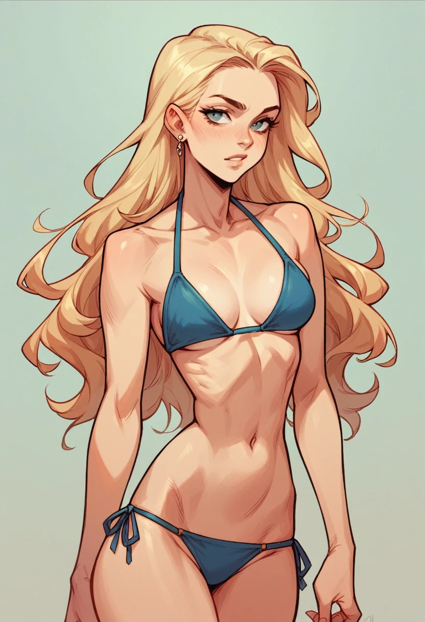 skinny,long hair,Ash blonde hair, bikini, Narrow waist,
