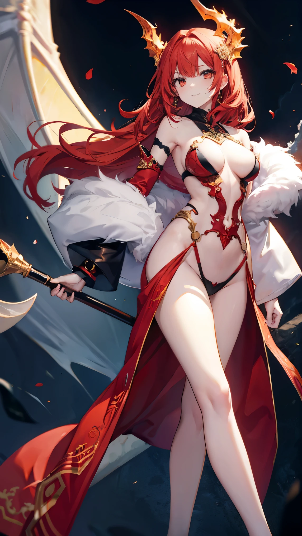 ,Highest quality,Red Hair,White skin,Orange Eyes,Very long hair,Large Breasts,Dragon's Eye,fur,smile,naked,Dragon Horn,Standing with your legs apart,Toned body,slender