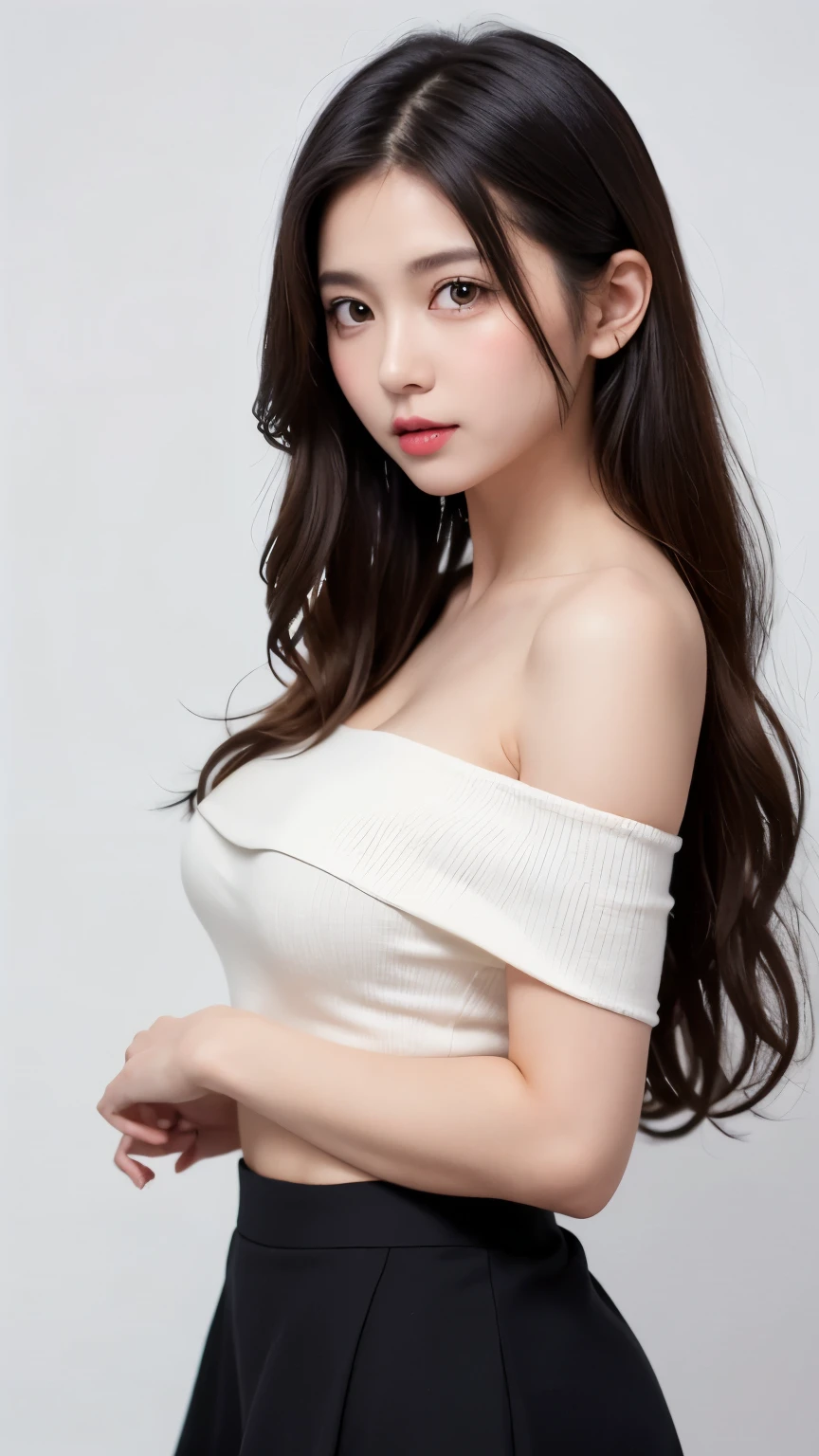 (((amount、Northern Europe、White、beautiful girl、Black Hair、White Background、Tank top、Off-the-shoulder blouse、mini skirt、Long Hair、Perm)))、Tabletop, Highest quality, shape, Very detailed, finely, High resolution, 8k wallpaper, Perfect dynamic composition, finelyて美しい目, Deco Out,blonde, Super big breasts, Natural color lip,White Background, Random cute poses,