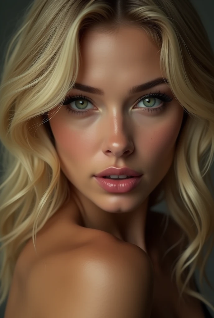 Beautiful woman with Green eyes blond hair look camera with sexual intention