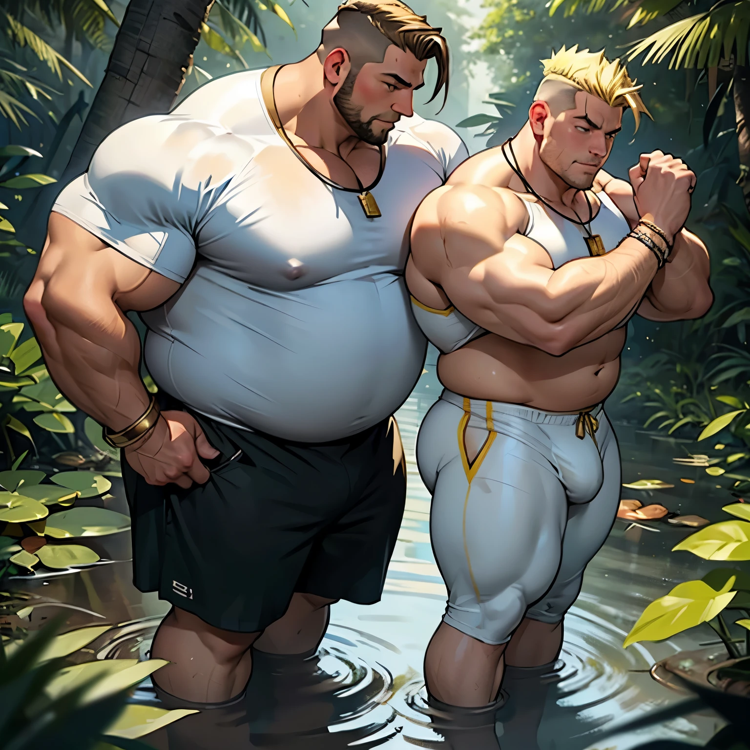 full view full body, 2 different blond European male bodybuilders with undercut cut, extremely bloated and swollen with muscle and fat like two big and fat obese pigs force-fed, their over-inflated muscles resembling buoys, there are a lot of gold rings, bracelets and necklaces, wear white lycra suits and white socks, no shoes, they roll and crawl in the mud, cannot getting up, looking terrified and exhausted, in the evening, in a swamp, you can see their socks