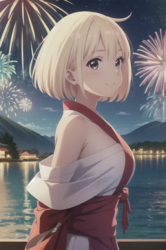 masterpiece, best quality, ultra detailed, highres, extremely detailed CG unity 8k wallpaper, perfect lighting, very detailed background, beautiful and aesthetic,sharp focus, perfect face, dynamic pose, dynamic angle,
1girl, upper body, (portrait:1.1), multicolored yukata, kanzashi, looking at viewer, full-face blush, from side, from below, smile,
night, dark sky, misty lake, mountainous horizon, BREAK,aerial fireworks, (Full of sky fireworks:1.2),
Shoulder Bare、Off the shoulder、Blonde、Bobcut