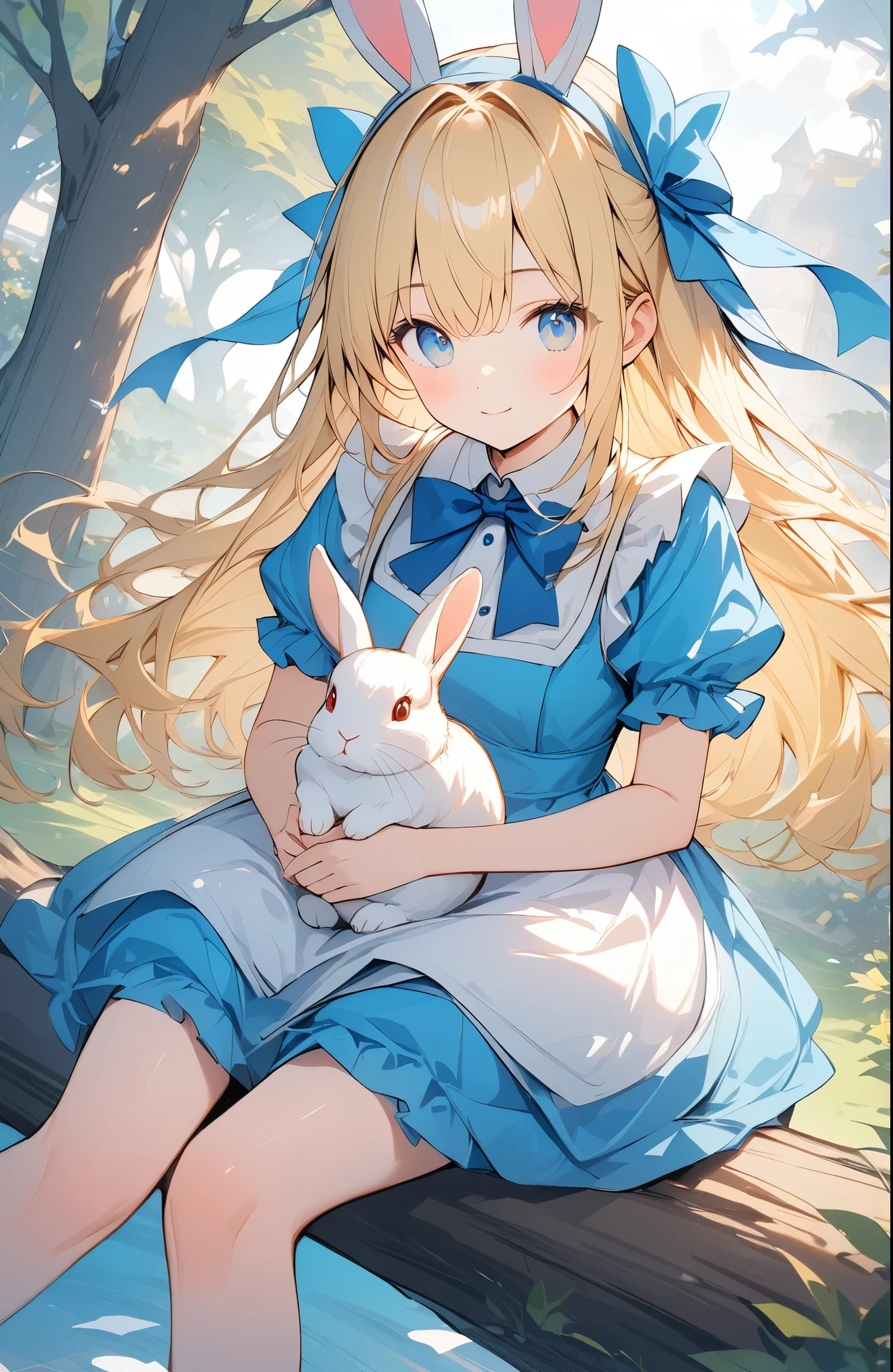 ((Amazingly absurd)),超High resolution, Attention to detail, high quality, High resolution, 最high quality, 4K, 8k,Fairytale background、Alice in Wonderland、Blue Costume、Blonde、Blue Eyes、Sitting on a tree、(Rabbit on lap:1.2)