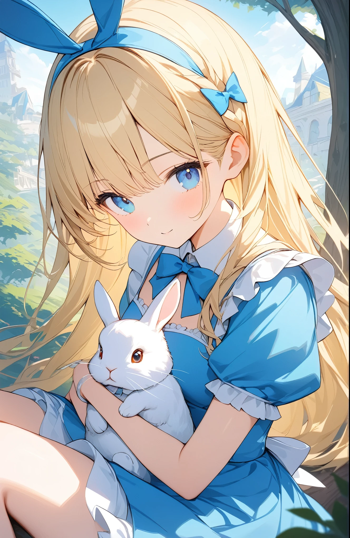((Amazingly absurd)),超High resolution, Attention to detail, high quality, High resolution, 最high quality, 4K, 8k,Fairytale background、Alice in Wonderland、Blue Costume、Blonde、Blue Eyes、Sitting on a tree、(Rabbit on lap:1.2)
