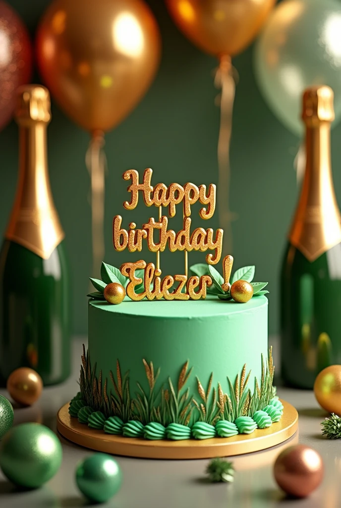Green and gold birthday cake, with a topper of " Happy birthday Eliezer ", and in the background party decoration with balloons and champagne bottles in metallic balloons