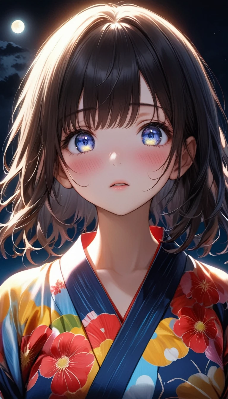 Ultra-realism, Moonlight Confession, Wearing a colorful yukata, Announce to the audience, Look at me, Aesthetic eye, blush, Nervous, Cute upward glance, Big full moon, Very dark night, Break backlight, Exposure of deficiencies, Unrecognizable facial expression, Aesthetic Expression of Moonlight, Dramatic Shadows, look at me, ずっとあなたのことが好きでした❤️,Are crying