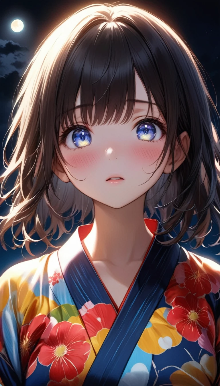 Ultra-realism, Moonlight Confession, Wearing a colorful yukata, Announce to the audience, Look at me, Aesthetic eye, blush, Nervous, Cute upward glance, Big full moon, Very dark night, Break backlight, Exposure of deficiencies, Unrecognizable facial expression, Aesthetic Expression of Moonlight, Dramatic Shadows, look at me, ずっとあなたのことが好きでした❤️,Are crying